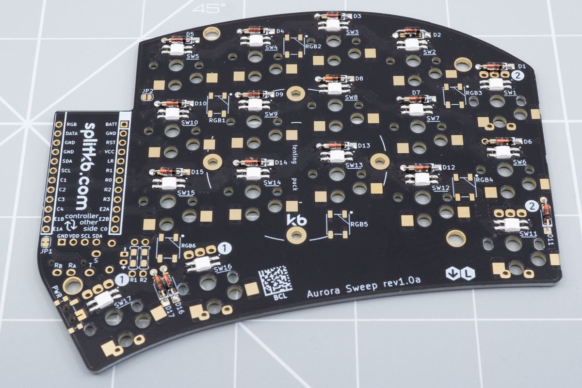 The bottom side of an Aurora Sweep with all of its per-key RGB LEDs soldered