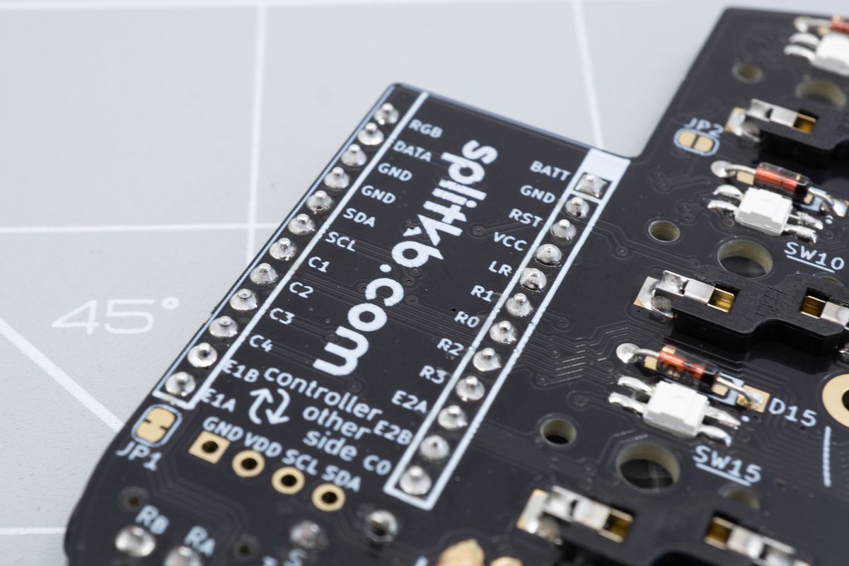 The assignments of the controller pins are marked on the bottom of the PCB, right next to the controller pins