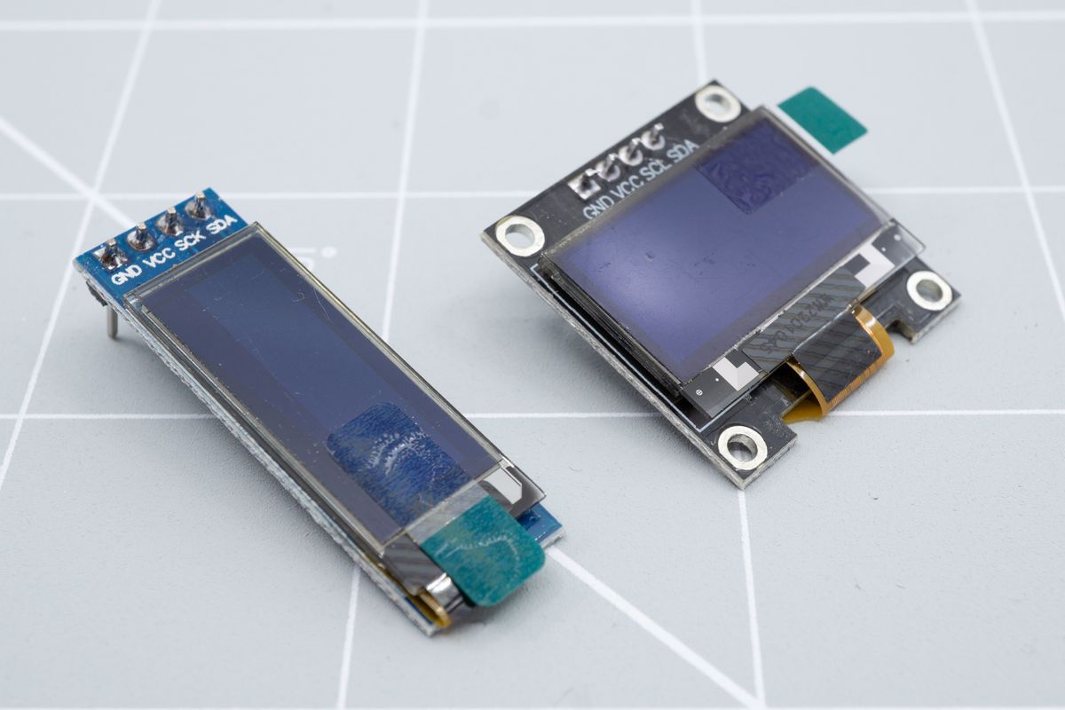 Two OLED displays, with a 128x32 pixel display on the left and a 128x64 pixel display on the right