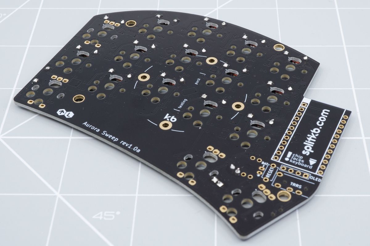 The top of the PCB after making the cuts. If you solder the leads from the bottom side, you'll be able to get the cuts much more flush than shown here