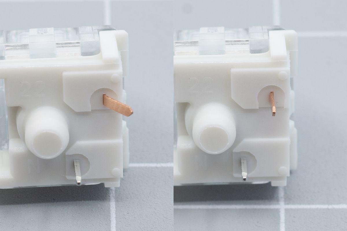 A bent switch leg on an MX switch can be bent back in shape