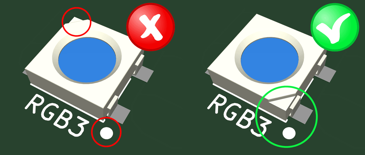 Left: an incorrectly oriented LED, notice that the angle sits on the opposite end of the dot. Right: a correctly oriented LED, with the angle matching the dot