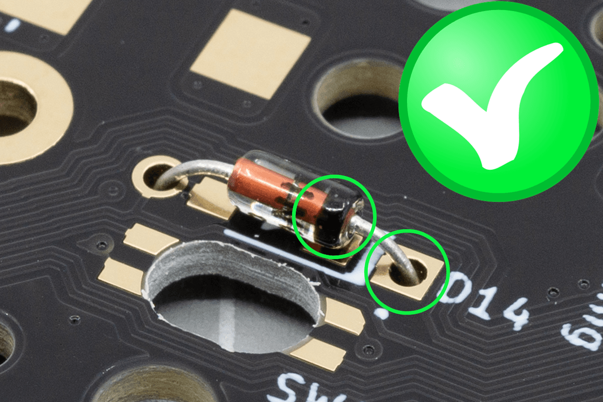 Double check: the black line of the diode faces toward the square pad and the thick white line of the PCB