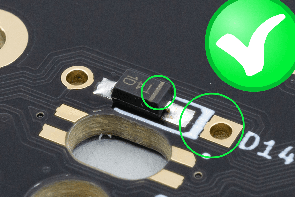 For SMD diodes, the white line on the diode should face toward the thick white line on the PCB