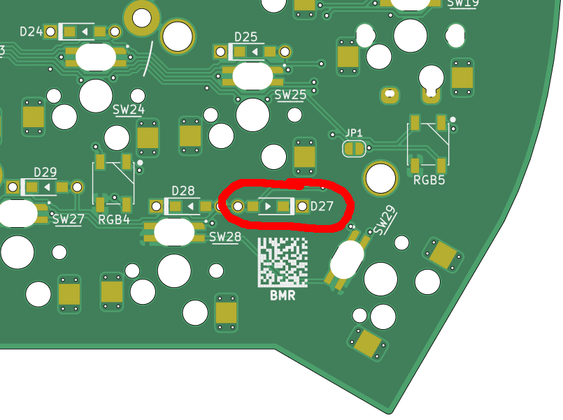 The diode marked D27 is the only one facing the other way