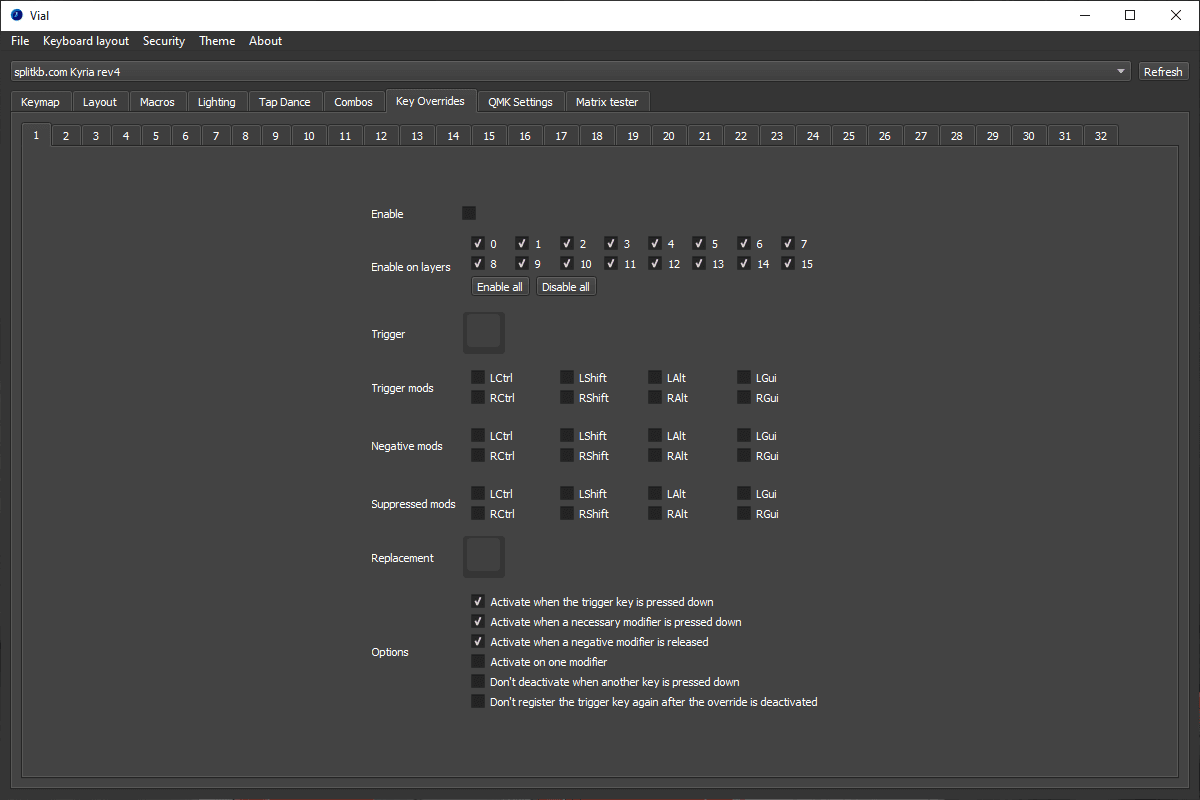 Changing key overrides settings in vial