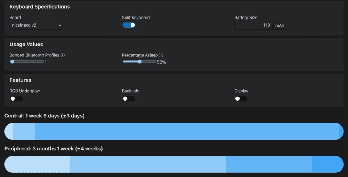 An example configuration of a keyboard without RGB enabled. Note the estimated battery life of almost two weeks on the central (main) half