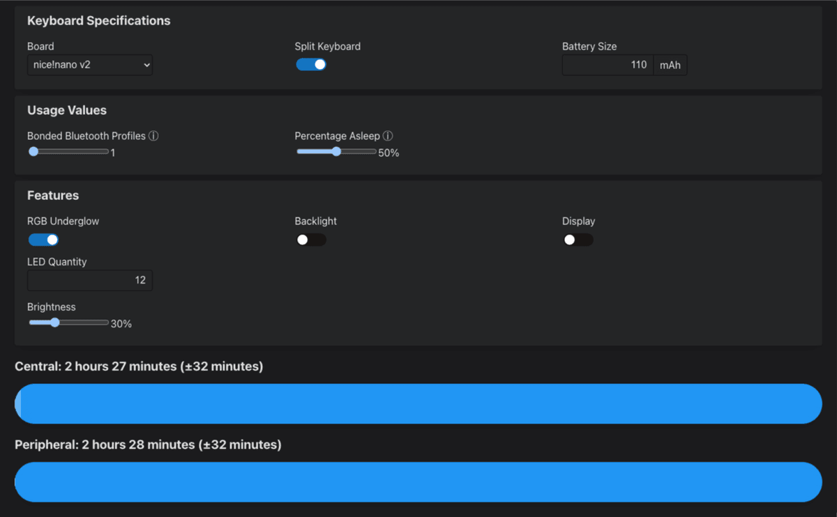 An example configuration of a keyboard with RGB enabled. Note the severely decreased battery life of two and a half hours, with the brightness set to 30%